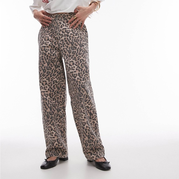 Topshop Pants - Topshop Leopard Print Wide-Leg Pants - Taupe & Black